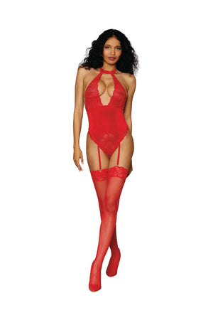 Dreamgirl Int'l Teddies One Size Fits Most / Lipstick Red Stretch Lace & Velvet Teddy